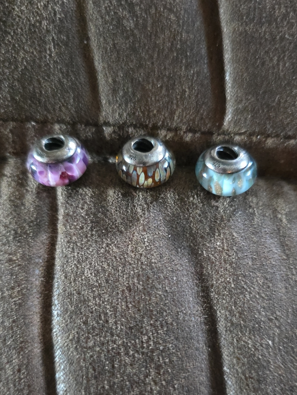 3 Lenox Charm Beads - Blue Glass, Pink Glass And Amber Floral With Silver Edges
